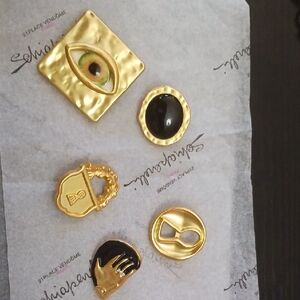 SCHIAPARELLI Gold and Black/Button  Brooch Set FRANCE Gold Plated Over S925